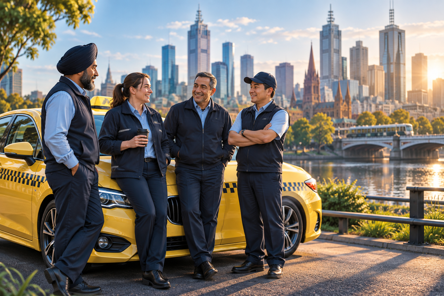Taxi drivers supporting each other beside a yellow taxi