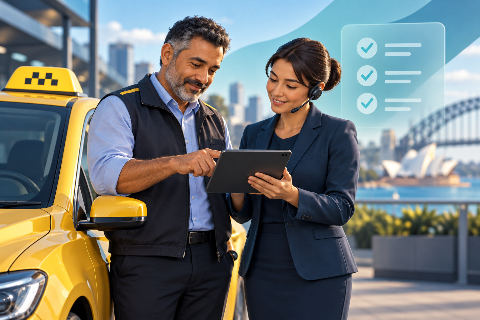 Taxi driver and support advisor reviewing membership guidelines