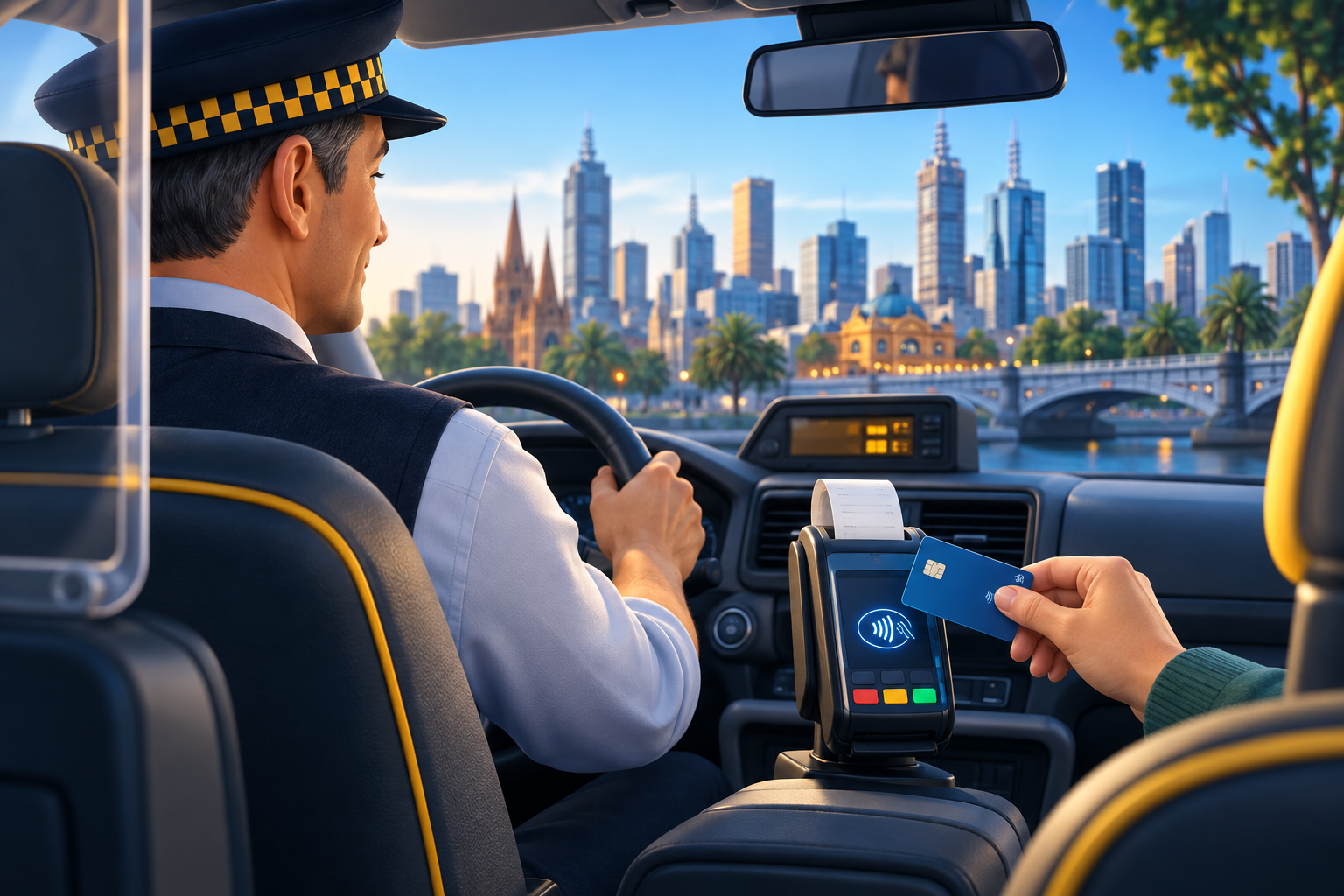 Taxi driver using a contactless payment terminal